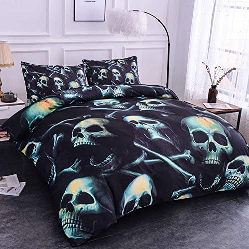 RONGXIE 3D Printing Bedding Set Queen Size Polyester Colorful Skull Duvet Cover Pillowcase Flower Bed Set 3-Piece Bedclothes