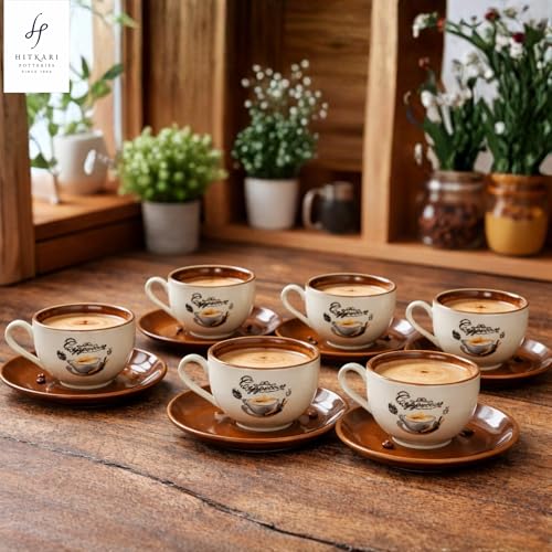 Image of Hitkari Porcelain Cup Saucer Set of 6 for Tea 220 Ml 6 Cups & 6 Saucers | 12 Piece Tea Coffee Set | Elegant Glossy Finish Teaware Microwave & Dishwasher Safe Colors CS3 - Cream