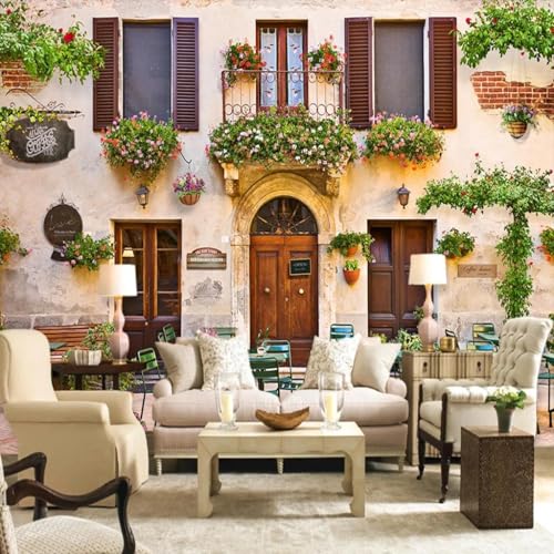 HBYUEHAN Fondo de café con flores de ciudad de estilo europeo, mural fotográfico 3D para pared, sala de estar, dormitorio, oficina, decoración moderna