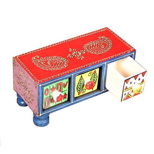 Image of Rectangular Lacquered 3-Drawer Wooden Chest with Ceramic Drawers (Standard Size, Multicolour)