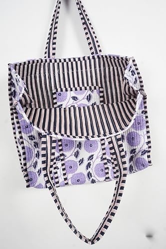 Image of Quilted Cotton Handprinted Reversible Large multicolor Floral Tote Bag,Hand Block Print Shopping Shoulder Carry Bag