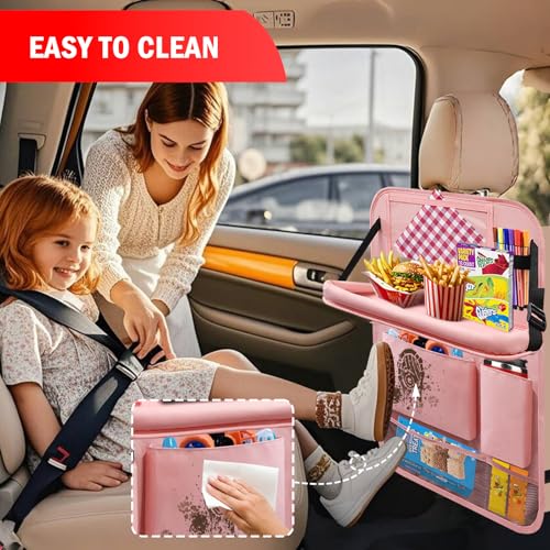 Image of 2Pack Car Backseat Organizer with Foldable Table Tray,6 Storage Pockets Car Storage Organizer with Tablet Holder,Car Seat Back Protectors Kick Mats Travel Accessories (Pink)