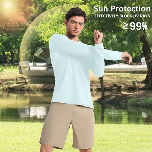 Light Cyan Blue Men's Rash Guard Lightweight Comfort Mens Sun Shirts UV Protection Long Sleeve Running4