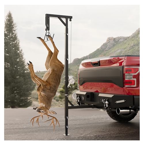 ECOTRIC Truck Hitch Game Hunting Hoist, 400 lbs Load Capacity, Universal Hitch Mount Deer Hanger with Winch Gambrel, Foot Base, Adjustable Height, 360° Swivel Black Steel Powder Coated