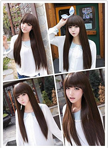 ATOZWIG Synthetic Hair Wig Natural Wigs For Women Long 70cm Straight Neat Bang More Pure Color Dark Brown for Women