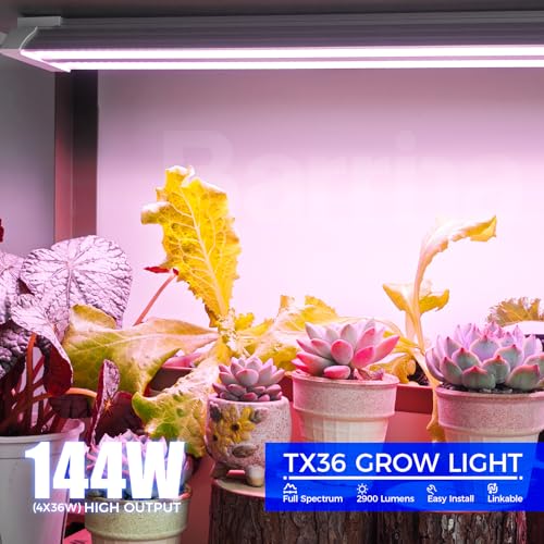 Image of Barrina TX36 2FT LED Grow Light for Seed Starting, 144W(4 x 36W, 800W Equivalent), High PPFD, Full Spectrum, Mechanical Timer, Hang Grow Light from Seed to Flower with On /Off Switch, Linkable, 4 Packs