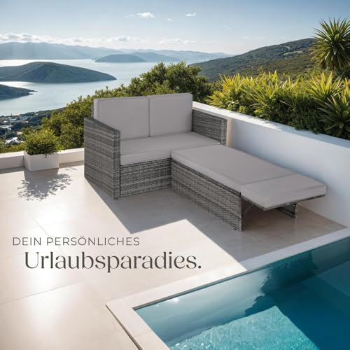 tectake Sofa Set - 2 Sitzer Sessel mit Hocker und Schlaffunktion, kleine Rattan Couch als Outdoor Gartenmöbel, wetterfest für Lounge, Balkon und Garten, klappbar mit Polstern