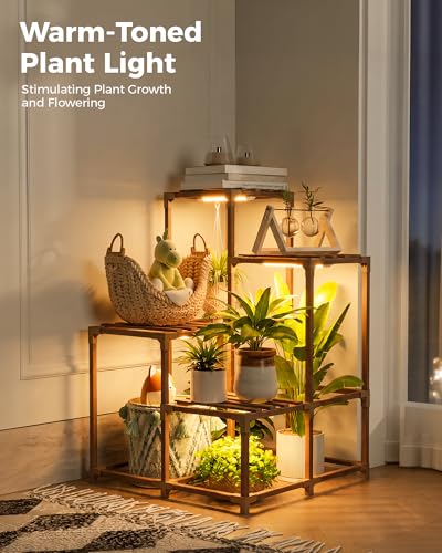 Image of Bamworld 4-Pot Plant Stand with Grow Light Indoor Outdoor Corner Shelf Plant Holder Flower Stand Wood Plant Rack Indoor Multiple Plants Patio Balcony Garden Living room
