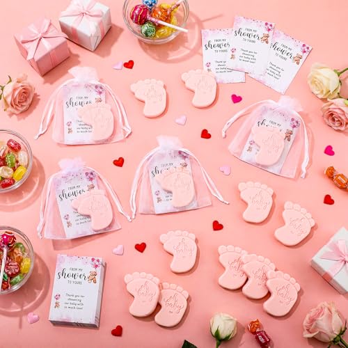Image of 50 Sets Baby Shower Soap Favors for Guests - Mini Handmade Footprint Scented Soap with Thank You Cards and Organza Bag, Party Gifts for Gender Reveal Baptism(Bear,Pink)