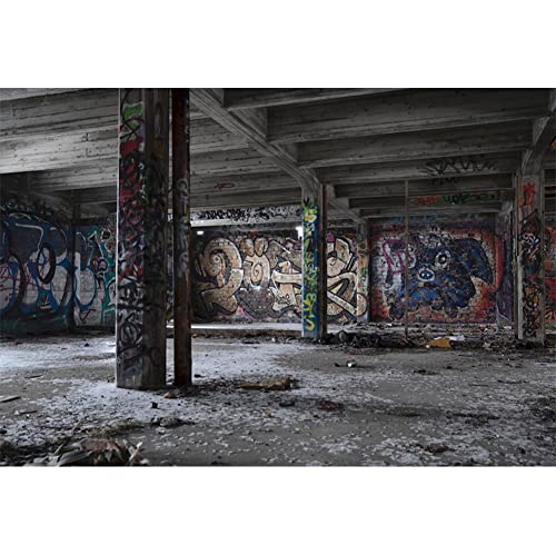 YongFoto 12x8ft Abandoned Building Backdrop Shabby Underground Room Empty Interior Retro Graffiti Wall Photography Background 80'S 90'S Hiphop Style Party Club Rock Music Concert Photo Studio Props