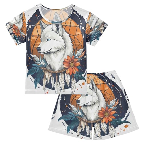 senya Short Sleeve Pajamas Sets Summer Cotton Sleepwear Navy Blue Dreamcatcher Wolf