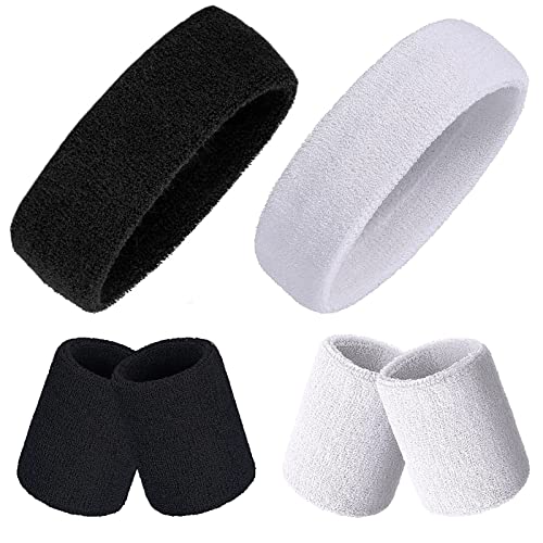 Sweatband Set, Cotton Sport Athletic Headband Wristband for Men Women Cycling Running Tennis Basketball - Black,White 6 pcs