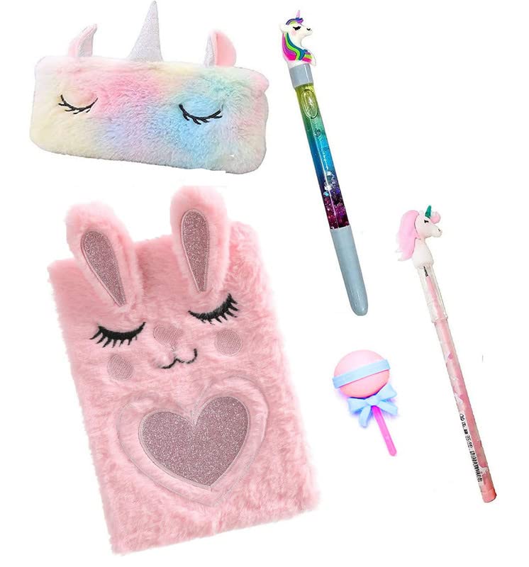 Almosthere® 5 pcs stationery set for girls rabbit/kitty fur diary, unicorn soft fur pouch pencil case, unicorn pen, pencil designer eraser multicolor 5pcs pack student return educational gift pack (B09VZDSWN8) Amazon Price History, Amazon Price Tracker