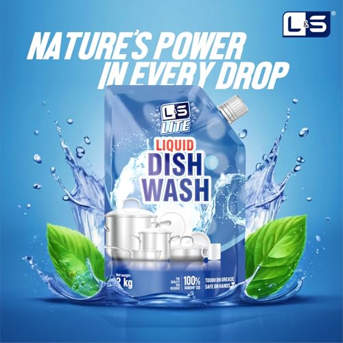 Image of L&S Lite Liquid Dish Wash | 2 kg Refill Pouch | Tough on Grease, Safe on Hands | Concentrated Dishwashing Gel for Sparkling Clean Utensils (LITEDISHWASH 2KG 01)