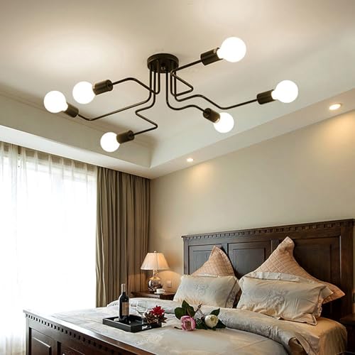 Lampe de plafond industriel en métal noir avec 6 lumières E27 pour luminaire salon et chambre