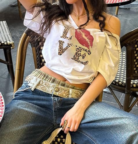 Off The Shoulder Cute Shirts for Women Oversized Tshirt Y2k Graphic Tee Lips Print Baggy Shirts Vintage Tops4