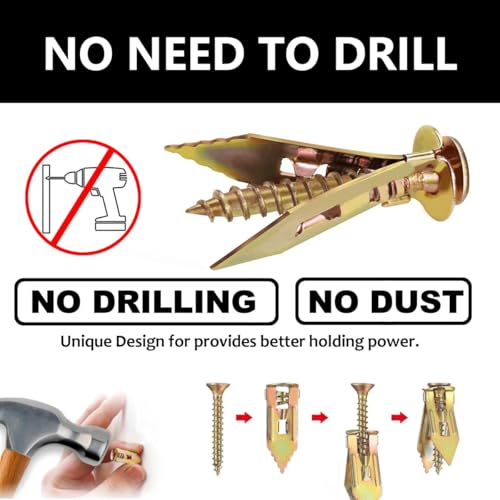 Image of Self Drilling Drywall Anchors and Screws Kit, Heavy Duty Steel Wall Anchors,No Drill or Holes in Wall Mounting Hardware Repair Tools for Pictures and Furniture,TV, Shelf Straps, Cabinets (20, 1.57)