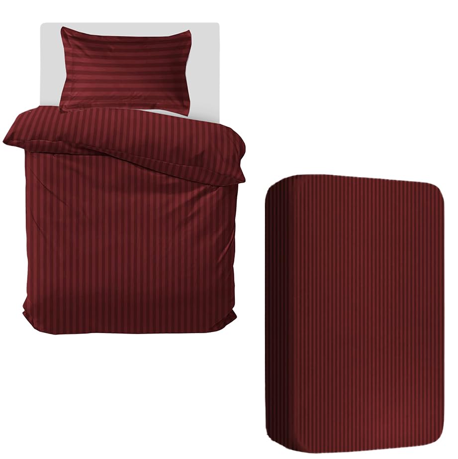 MOONLIGHT20015 3 Piece Single Bedding Set Satin Stripes Duvet Cover Fitted Sheet with Pillow case Hotel Quality Soft Brushed Microfiber Burgundy