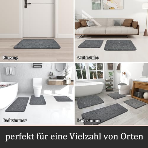 chakme Badezimmer Teppiche Sets 3 Stück, Cobblestone Memory Foam Badezimmer Matten Set dick, Anti-Rutsch-Badematten für Bad,absorbierend waschbar dunkelgrau Badteppiche für Wanne, WC und Boden – Bild 6