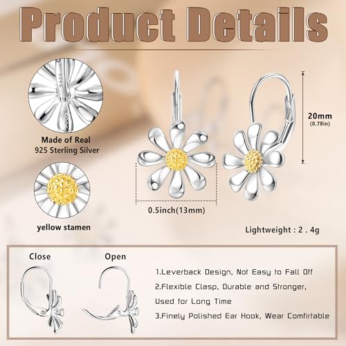 MILACOLATO 925 Sterling Silver Daisy Earrings 18K White Gold Plated Leverback Earrings Daisy Flower Drop Dangle Earrings Hypoallergenic Flower Jewelry Gifts for Women for Sensitive Ears2