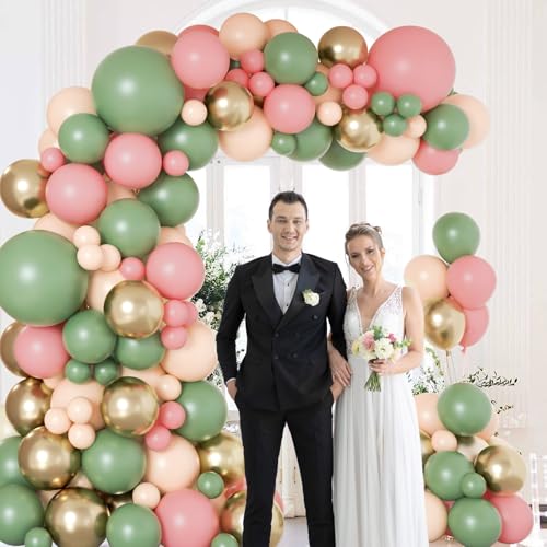 Image of 60pcs Pink and Green Balloons, 12 Inch Sage Green Dusty Pink Metallic Gold Nude Balloons with White Ribbon for Birthday Baby Shower Party Decorations