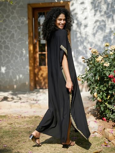 Women's V-Neck Embroidered Kaftan Dress - Loose Fit Beach Cover Up & Casual Maxi Dress