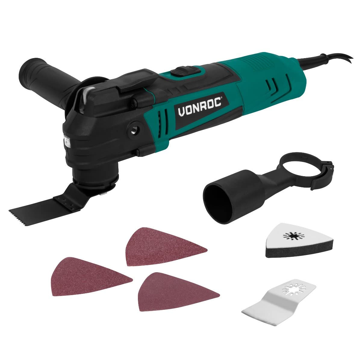 VONROC Multiherramienta oscilante 350W - Velocidad variable 12.000-22.000 r/min. - Incluye base de lijado, cuchilla de corte por inmersión, cuchilla rascadora y adaptador de polvo