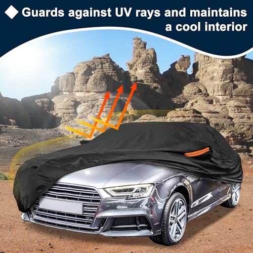 Image of Black Heavy Duty Waterproof Car Cover for Sedan 179 inch-185 inch - All-Weather UV Protected Outdoor Full Exterior Cover with Sun /Snow /Rain Resistance