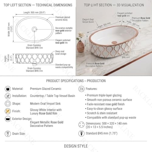 Image of Backline 20x13x5.5 Inches Table Top Wash basin | Basin for Bathroom | Countertop Bathroom Basin For Restaurant /Dining Hall /Living Room /Home (Rosegold White)(5 Years Glaze Warranty)