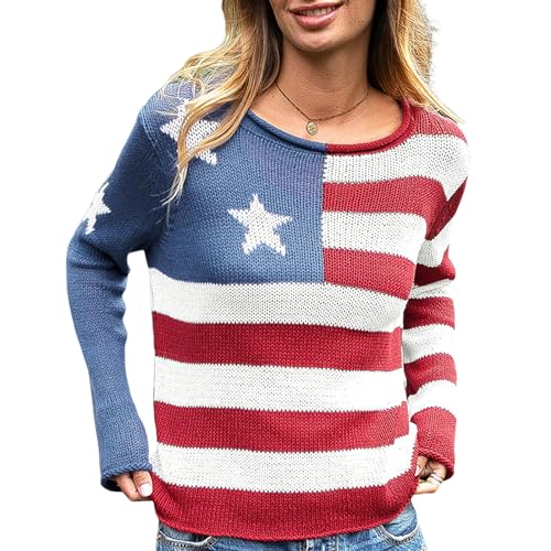 Image of Women American Flag Sweater Loose Vintage USA Sweatshirt Long Sleeve Crewneck Hollow Out 4th of July Jumper
