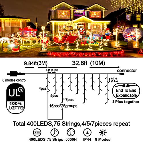 Hezbjiti Christmas Decorations Lights Outdoor, 400 Led 32.8 Ft 8 Modes 75 Drops Fairy String Curtain Lights For Christmas Decor Eaves Window Party Yard Garden Indoor (Warm White) #TOP7