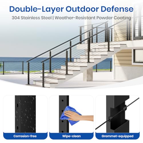 Image of BLIKA 10FT-15FT Modular 42 inch Stair Railing Post Kits for 25 to 35 Stairs | Stair Cable Railing Kit, Black Swageless Cable Railing System Include 3 Stair Posts, 200FT 1 /8 inch Stainless Cable(No Handrail)