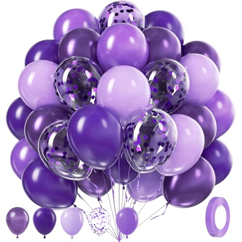 Image of 100Pcs Purple Balloons with Metallic Pastel Dark Purple Confetti Balloons | 12inch Purple Chrome Confetti Latex Balloons Kit for Women Birthday Wedding Baby Bridal Shower Halloween Party Decorations