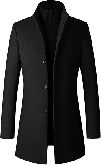 Mens Wool Blend Trench Coat Stand Collar Single Breasted Business Pea Coats Stylish Mid-Length Overcoat Jacket