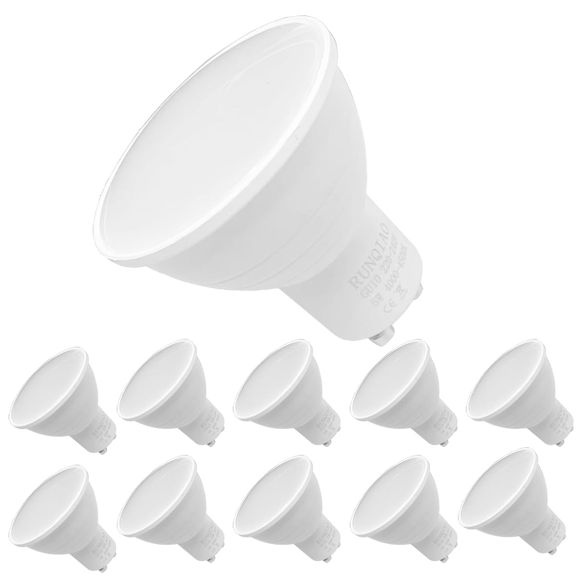 RunQiao GU10 Energy Saving LED Bulb, 5W High Power LED Spot Lights, for Ceiling 50W Halogen Bulbs Equivalent, AC 220-240V, Pack of 10 Natural White, 5W 120° Beam Angle