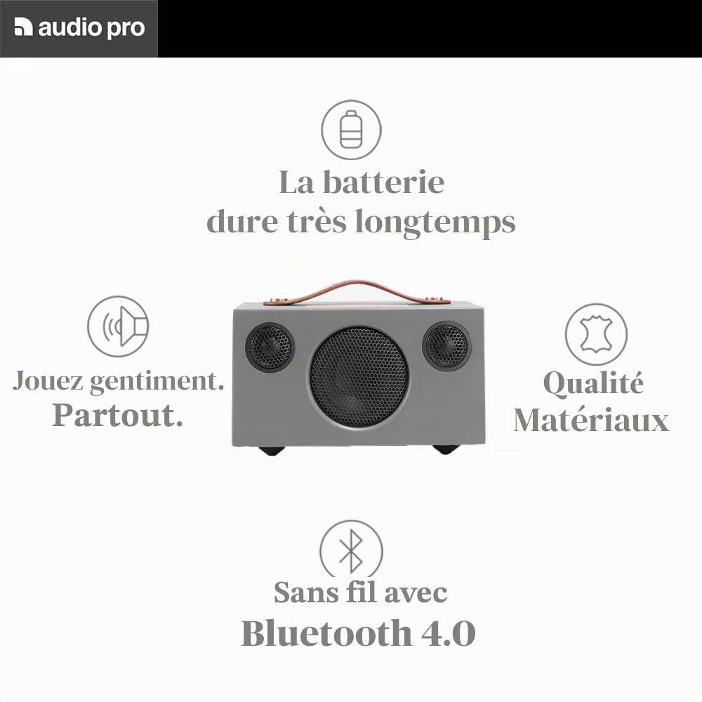 Audio Pro Addon T3+ Grey - Enceinte Portable avec Caisson Bass-Reflex, Bluetooth - sans Fil avec Sortie USB & Simplificateur Numérique – Autonomie 30h