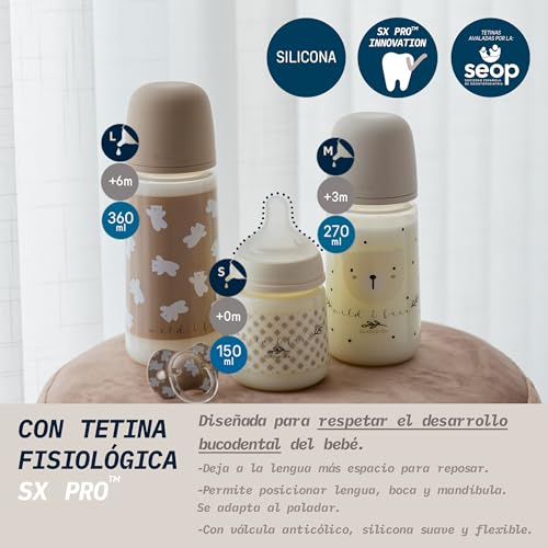 Miniatura 3 de Suavinex, Set Biberones Recién Nacido, Pack Regalo con: 2 x 270 ml Flujo Medio + 2 x 150 ml Flujo Lento + Chupete de 0 a 6 Meses, Tetinas Fisiológicas SX Pro de Silicona, 5 Pcs, +0M, Wild&Free Beige