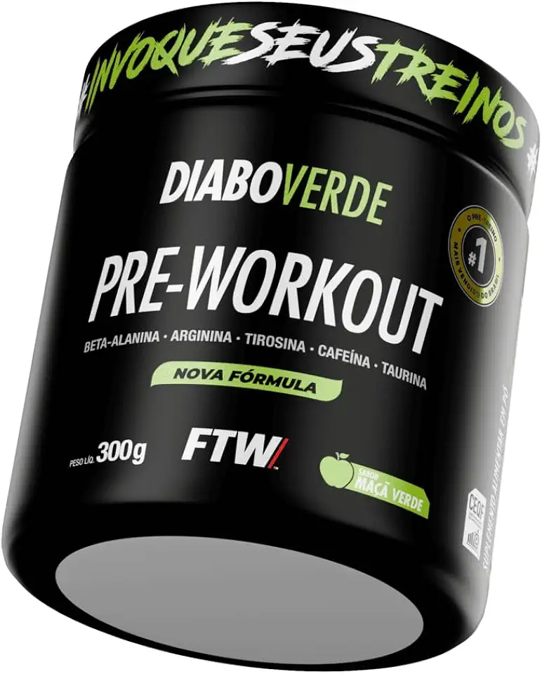 FTW Pré-Treino Diabo Verde em Pó com Cafeína, Aminoácidos Beta‑Alanina e Arginina para Treinos e Atividades Físicas - Pote 300 g (Maça Verde)