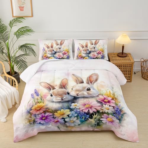 Image of Cute Rabbit King Comforter Set for Kids,Kawaii Bunny Quilt Set for Boys Girls,Rural Farm Animals Fluffy Rabbit Flowers Garden Bed Set,Pink Watercolor Bedding Set for Bedroom Decor