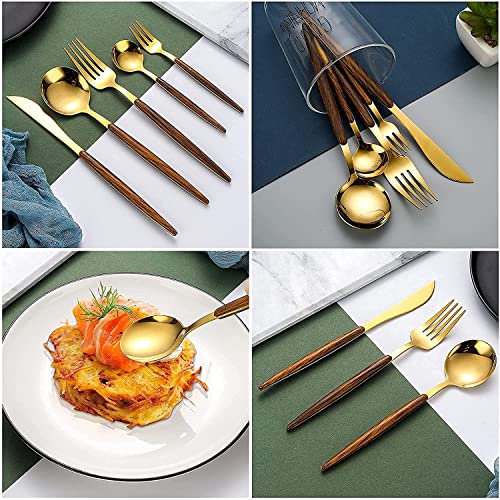 Image of aDai 10 pcs Golden Flatware Cutlery Set - Stainless Steel with Wooden Handle Tableware Set - 4 Spoons, 4 Forks & 2 Steak Knife