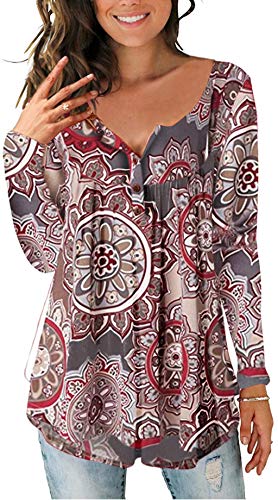 Women's Paisley Printed Button Top Long Sleeve V Neck Pleated Casual Flare Tunic Loose Blouse Shirt, Light Brown, X-Large