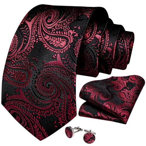 Image of DiBanGu Mens Paisley Tie Set Silk Woven Jacquard Necktie and Pocket Square Cufflinks Gift Set for Wedding Bussiness