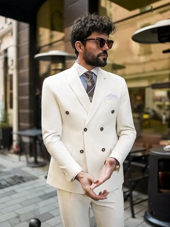 White Double Breasted Suit for Men | 2-Piece Slim Fit Blazer & Trouser Set | Classic Tailored Men’s Formalwear3