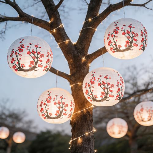 Image of 6 Pcs White Paper Lanterns Decorative 10x12 Inch, ZUEXT Cherry Blossom Hanging Round Chinese /Japanese Lantern for Festival Theme Birthday Party Wedding Home Yard Japanese Eateries Decor Oriental Style