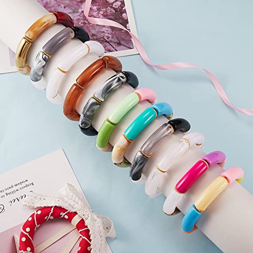 Ornaland 5 Pcs Bamboo Tube Bangles Bracelets Chunky Curved Stacking Acrylic CCB Plastic Beads Stretch Bracelets Set Color Friendship Couple Bracelets Gift for Women Men,2 inch(5.2cm)4