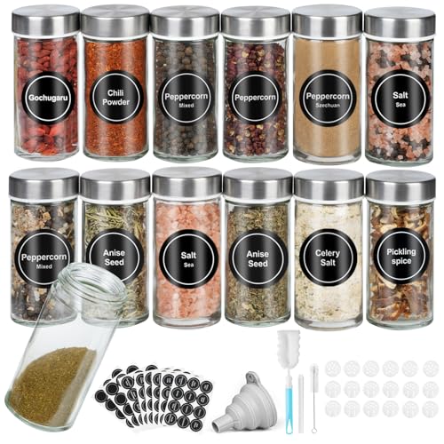 Moreau Botes Especias,12 Botes Especias Cristal Redondos, Botes Para Especias Cocina 100 Ml, Tarros De Especias Con Etiquetas Para Organizador De Especias
