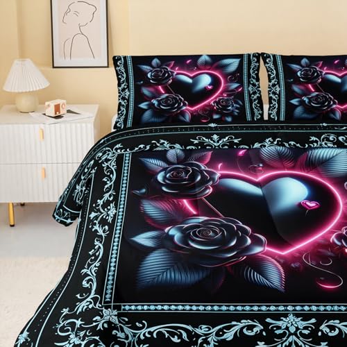 Image of QOOMO Cartoon Heart Kids Comforter Set,Rose Print Bedding Set Twin Size for Boys Girls Room Decoration,Black Bed Set Microfiber Lightweight All Season,1 Comforter Set 2 Pillowcases