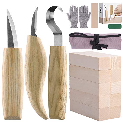 Fuyit 17pcs Wood Carving Set Wood Carving Beginner Kit Includes Carving Blocks, Hook Knife, Whittling Knife, Detail Knife, Cut Resistant Gloves, Carving Knife Sharpener for Spoon Bowl Cup Kuksa
