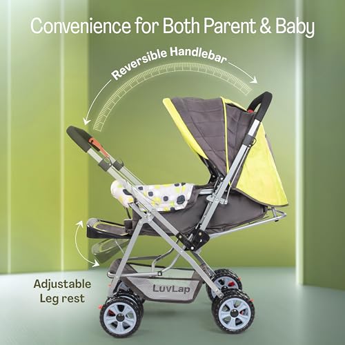 Image of LuvLap Sunshine Baby Stroller /Pram for 0 to 3 Years, New Born /Toddler /Kid, 5 Point Safety Harness, Adjustable backrest, 360 Swivel Wheel, Large Storage Basket, Reversible Handlebar (Green)