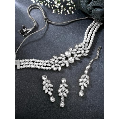 Image of Peora Gold Plated Bridal Crystal Pearl Choker Necklace with Drop Earrings Traditional Jewellery Set for Women